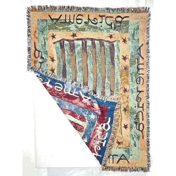 VTG Tapestry American Flag throw Lap Blanket Patriotic Fringed 70in x 50in - Picture 5 of 12